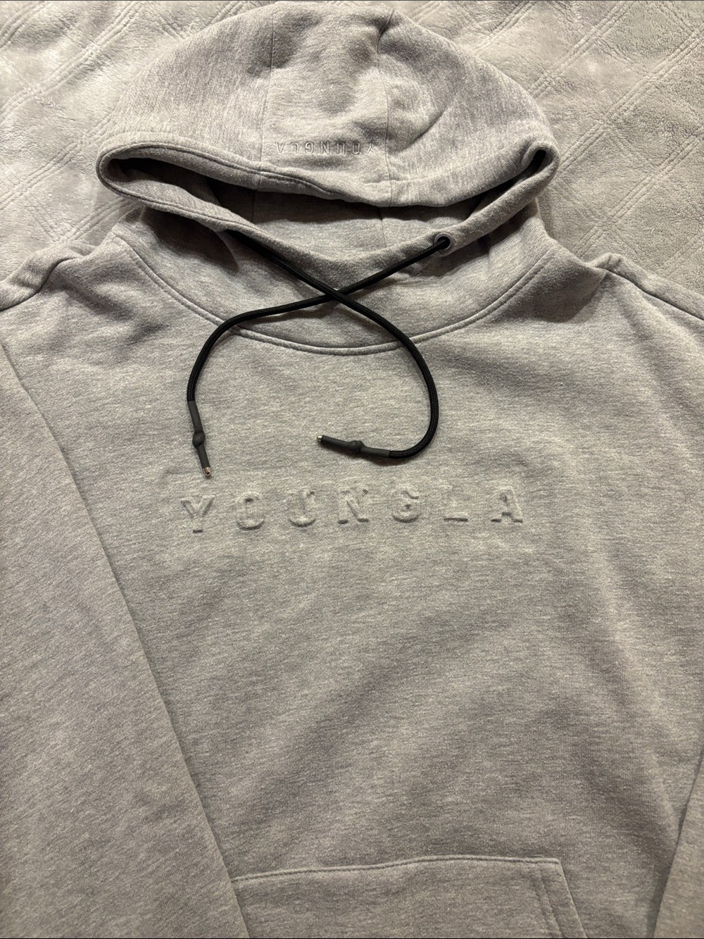 YoungLA Light Gray Embossed Logo Hoodie with Black Drawcords